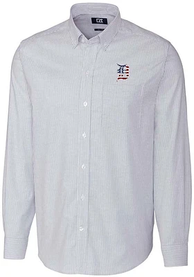 Cutter and Buck Detroit Tigers Mens Light Blue Stretch Oxford Stripe Long Sleeve Dress Shirt