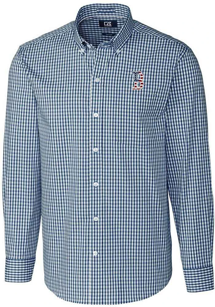 Cutter and Buck Boston Red Sox Mens Navy Blue Americana Easy Care Gingham Long Sleeve Dress Shirt