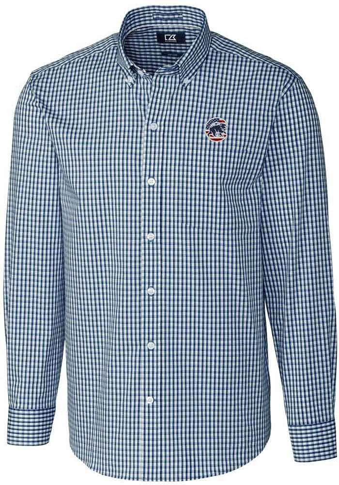 Cutter and Buck Chicago Cubs Mens Navy Blue Americana Easy Care Gingham Long Sleeve Dress Shirt