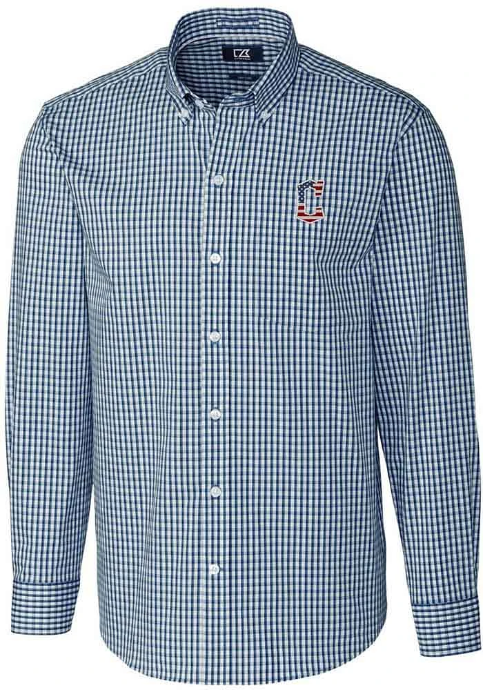 Cutter and Buck Cleveland Guardians Mens Navy Blue Easy Care Gingham Long Sleeve Dress Shirt