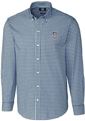 Cutter and Buck Cleveland Guardians Mens Navy Blue Easy Care Gingham Long Sleeve Dress Shirt