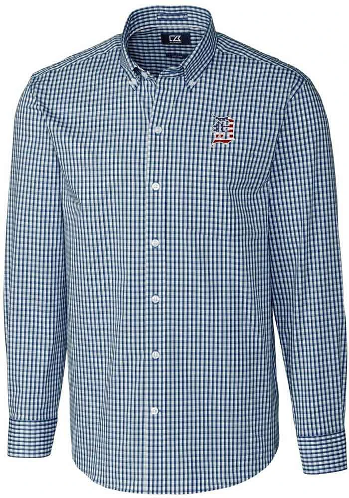 Cutter and Buck Detroit Tigers Mens Navy Blue Americana Easy Care Gingham Long Sleeve Dress Shirt