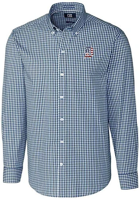 Cutter and Buck Detroit Tigers Mens Navy Blue Americana Easy Care Gingham Long Sleeve Dress Shirt
