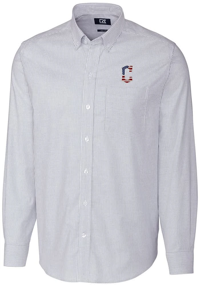 Cutter and Buck Cleveland Guardians Mens Light Blue Stretch Oxford Stripe Big Tall Dress Shi..
