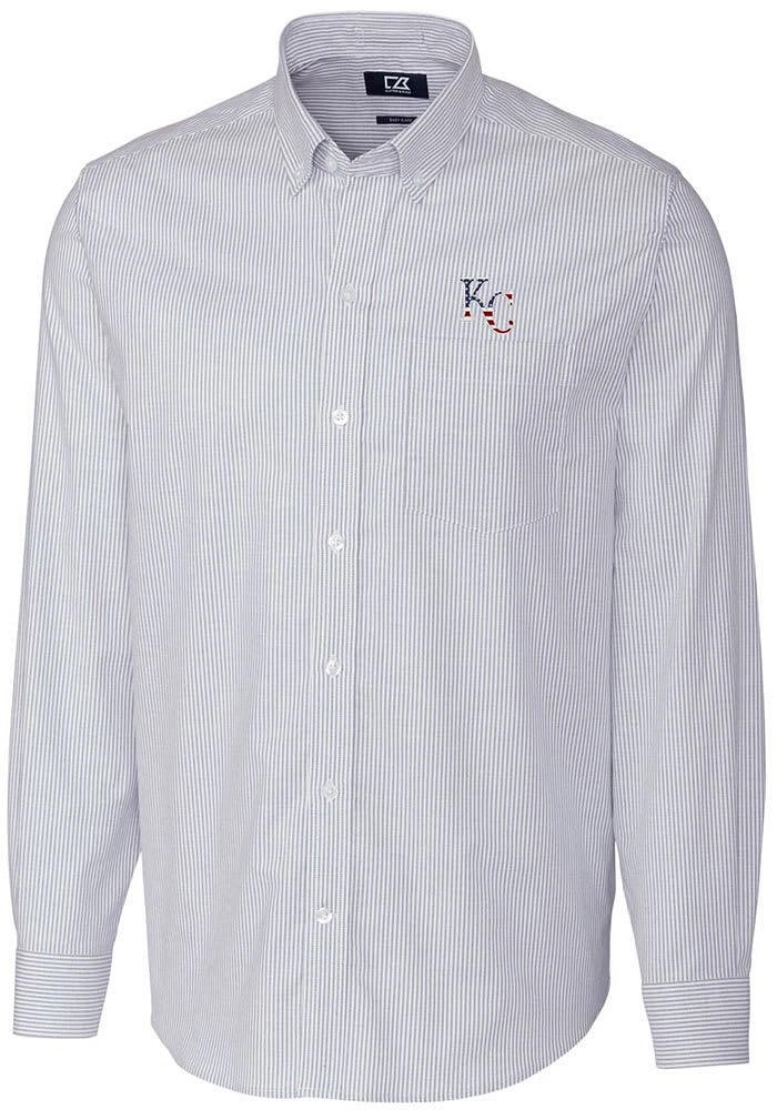 Cutter and Buck Kansas City Royals Mens Light Blue Stretch Oxford Stripe Big Tall Dress Shir..
