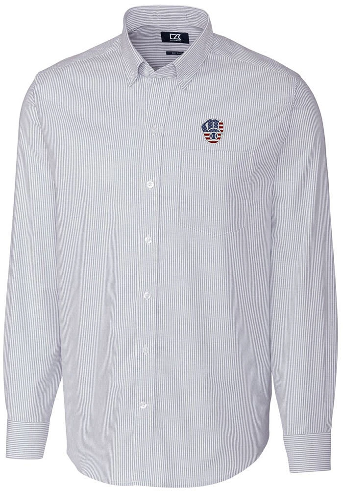 Cutter and Buck Milwaukee Brewers Mens Light Blue Stretch Oxford Stripe Big Tall Dress Shirt