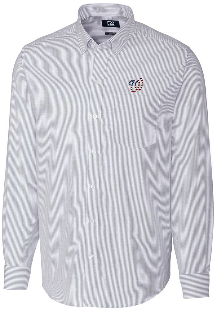Cutter and Buck Washington Nationals Mens Light Blue Stretch Oxford Stripe Big Tall Dress Sh..