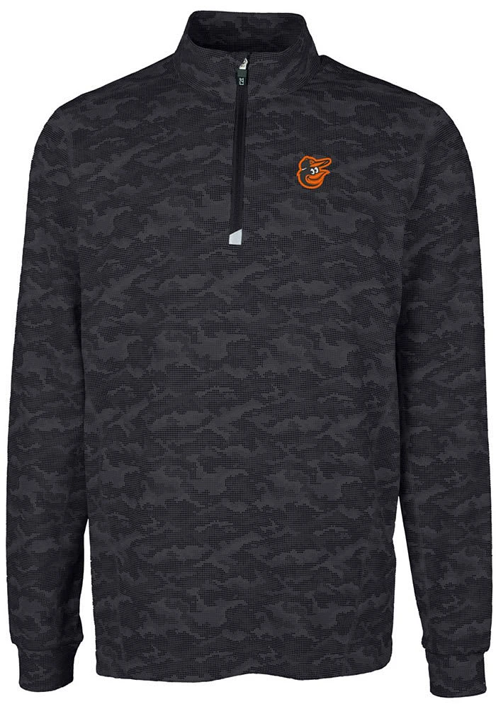 Cutter and Buck Baltimore Orioles Mens Black Traverse Camo Print Stretch Long Sleeve Qtr Zip Pul..