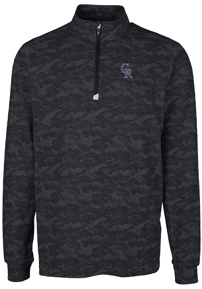 Cutter and Buck Colorado Rockies Mens Black Traverse Camo Print Stretch Long Sleeve Qtr Zip Pullov..