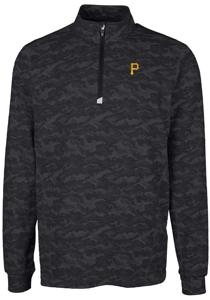 Cutter and Buck Pittsburgh Pirates Mens Black Traverse Camo Print Stretch Long Sleeve Qtr Zip Pull..