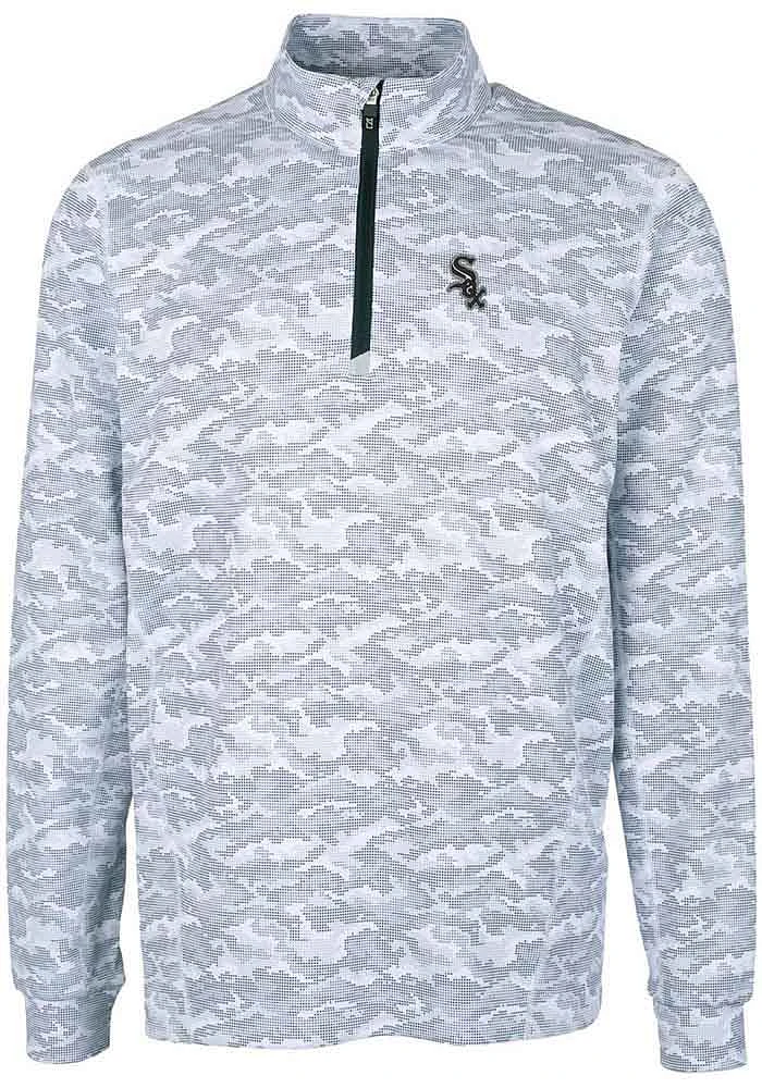 Cutter and Buck Chicago White Sox Mens Charcoal Traverse Camo Print Stretch Long Sleeve Qtr Zip Pu..