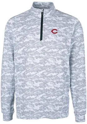 Cutter and Buck Cincinnati Reds Mens Charcoal Traverse Camo Print Stretch Long Sleeve Qtr Zip Pu..