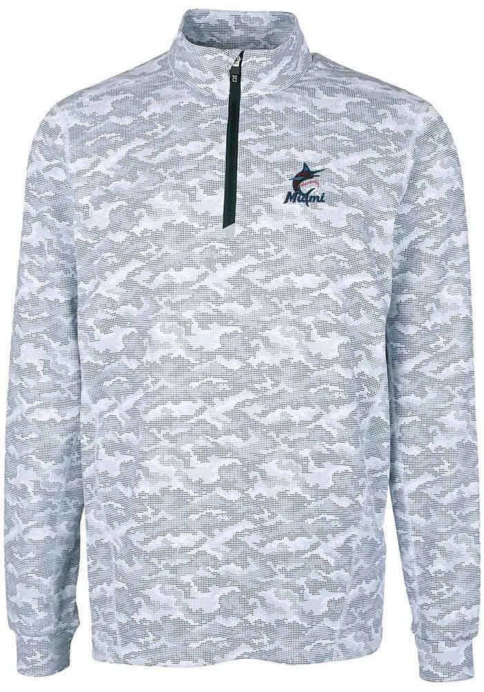 Cutter and Buck Miami Marlins Mens Charcoal Traverse Camo Print Stretch Long Sleeve Qtr Zip Pullov..