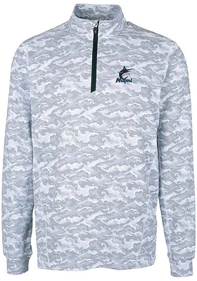 Cutter and Buck Miami Marlins Mens Charcoal Traverse Camo Print Stretch Long Sleeve Qtr Zip Pullov..