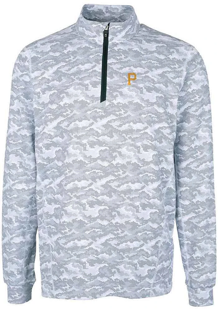 Cutter and Buck Pittsburgh Pirates Mens Charcoal Traverse Camo Print Stretch Long Sleeve Qtr Zip P..