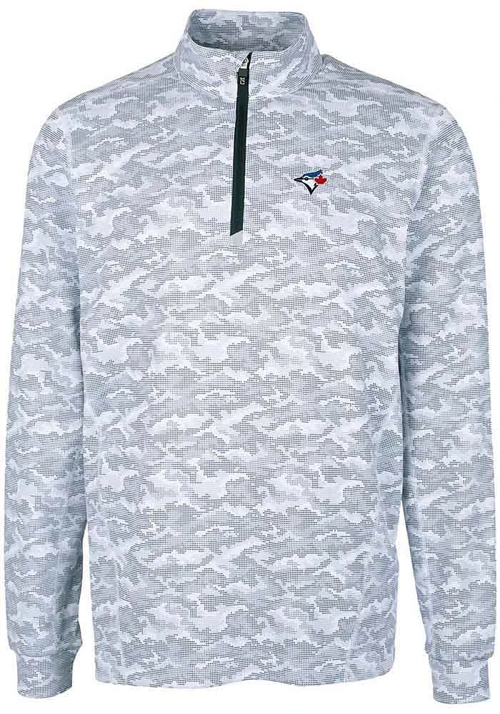 Cutter and Buck Toronto Blue Jays Mens Charcoal Traverse Camo Print Stretch Long Sleeve Qtr Zip Pu..