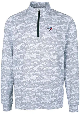 Cutter and Buck Toronto Blue Jays Mens Charcoal Traverse Camo Print Stretch Long Sleeve Qtr Zip Pu..