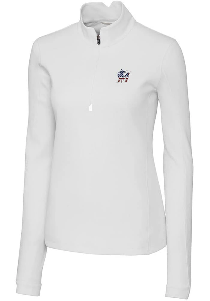 Cutter and Buck Miami Marlins Womens White Americana Traverse Qtr Zip