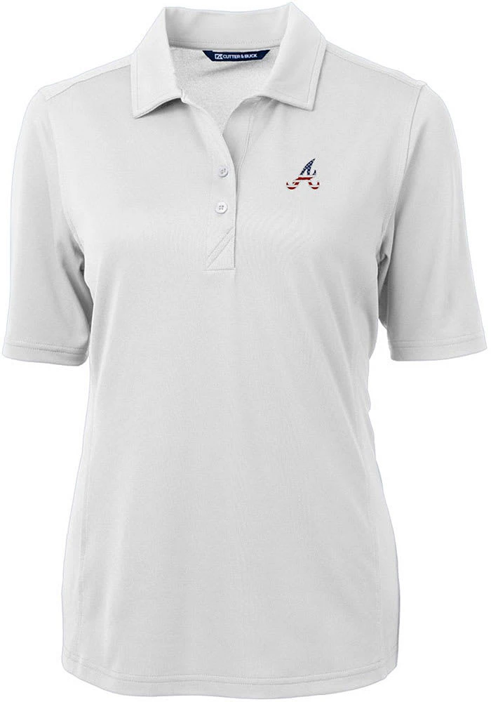 Cutter and Buck Atlanta Braves Womens White Stars Stripes Virtue Eco Pique Short Sleeve Polo..