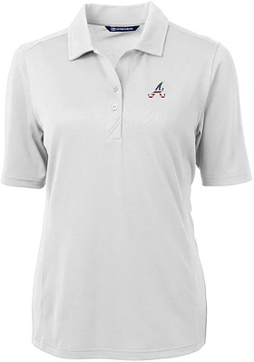 Cutter and Buck Atlanta Braves Womens White Stars Stripes Virtue Eco Pique Short Sleeve Polo..