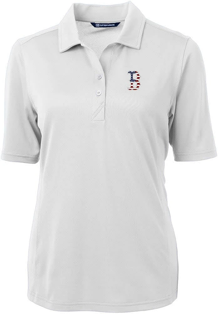 Cutter and Buck Boston Red Sox Womens White Stars Stripes Virtue Eco Pique Short Sleeve Polo..