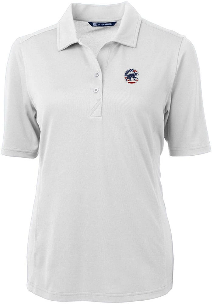 Cutter and Buck Chicago Cubs Womens White Stars Stripes Virtue Eco Pique Short Sleeve Polo S..