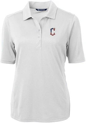 Cutter and Buck Cleveland Guardians Womens White Stars Stripes Virtue Eco Pique Short Sleeve..