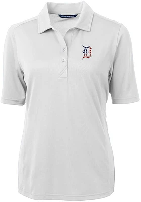 Cutter and Buck Detroit Tigers Womens White Stars Stripes Virtue Eco Pique Short Sleeve Polo..