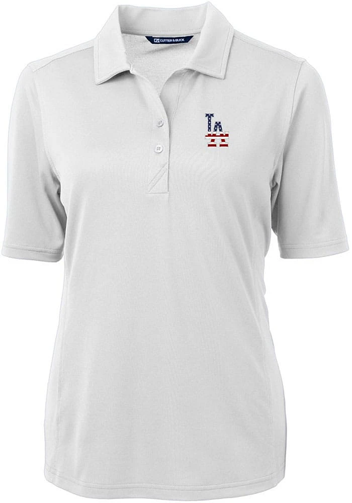Cutter and Buck Los Angeles Dodgers Womens White Stars Stripes Virtue Eco Pique Short Sleeve..