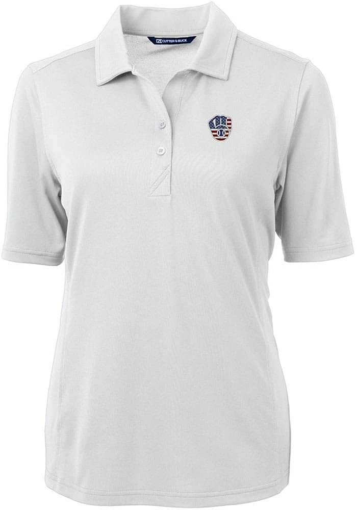 Cutter and Buck Milwaukee Brewers Womens White Stars Stripes Virtue Eco Pique Short Sleeve P..