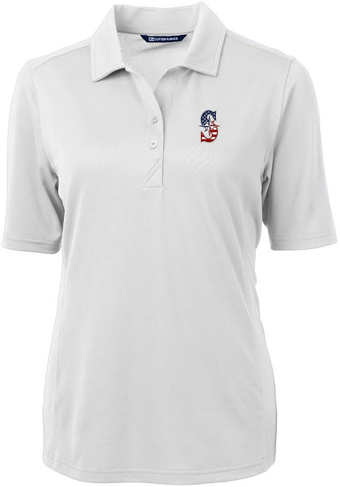Cutter and Buck Seattle Mariners Womens White Stars Stripes Virtue Eco Pique Short Sleeve Po..