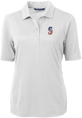 Cutter and Buck Seattle Mariners Womens White Stars Stripes Virtue Eco Pique Short Sleeve Po..