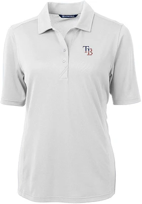 Cutter and Buck Tampa Bay Rays Womens White Stars Stripes Virtue Eco Pique Short Sleeve Polo..