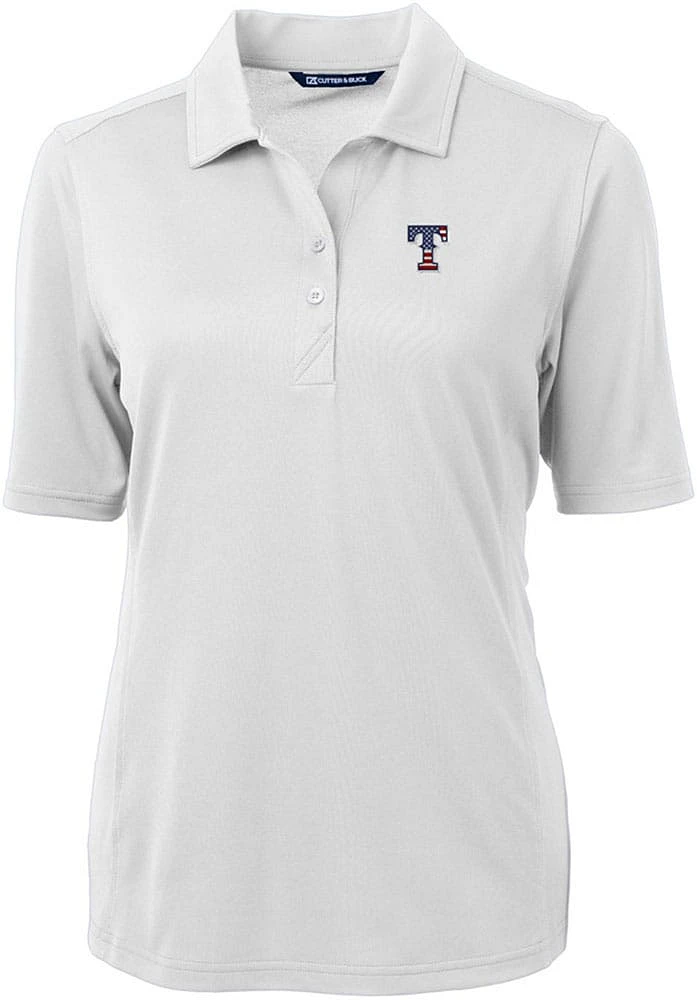 Cutter and Buck Texas Rangers Womens White Stars Stripes Virtue Eco Pique Short Sleeve Polo ..