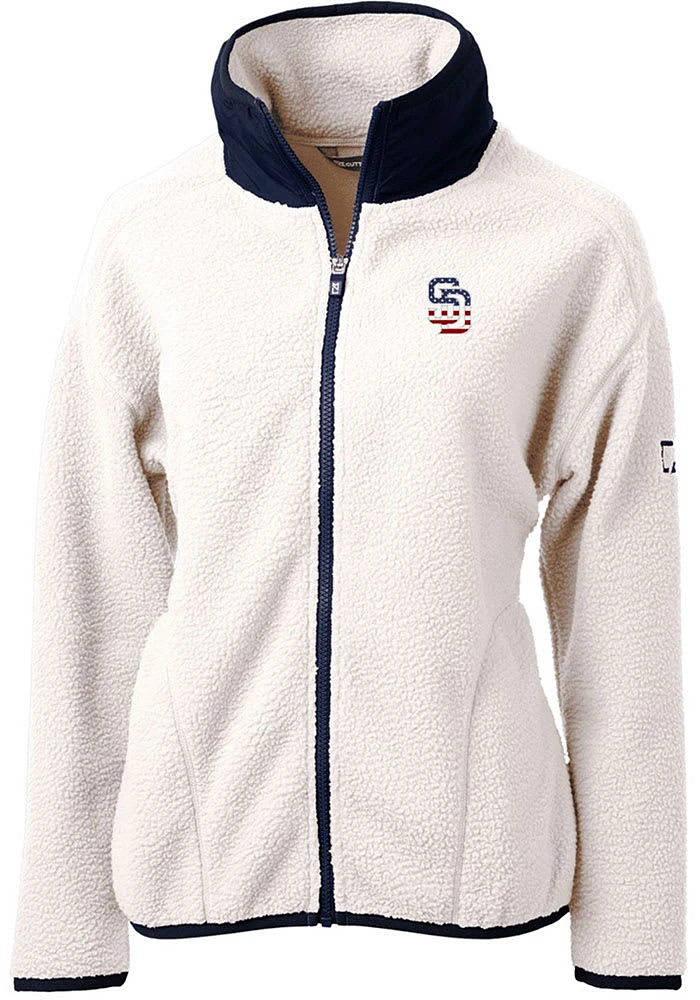 Cutter and Buck San Diego Padres Womens Grey Americana Cascade Sherpa Long Sleeve Full Zip Jacke..