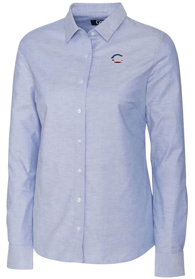 Cutter and Buck Cincinnati Reds Womens Stretch Oxford Long Sleeve Light Blue Dress Shirt