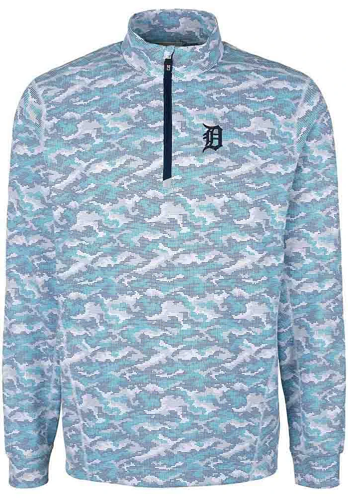 Cutter and Buck Detroit Tigers Mens Blue Traverse Camo Print Stretch Long Sleeve Qtr Zip Pullove..