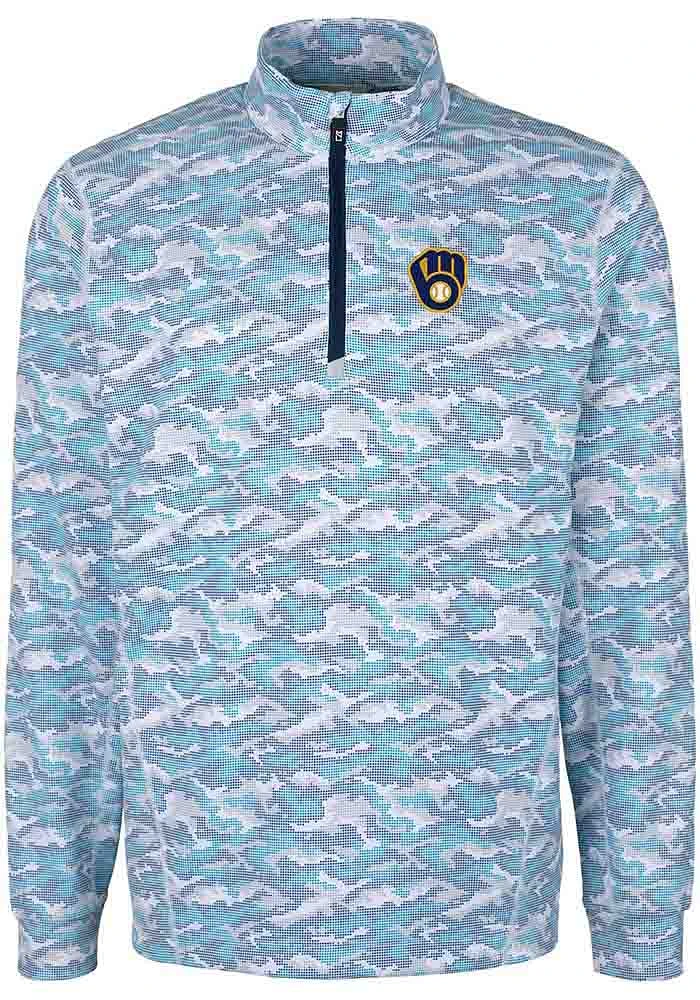Cutter and Buck Milwaukee Brewers Mens Blue Traverse Camo Print Stretch Long Sleeve Qtr Zip Pullov..