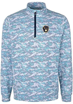 Cutter and Buck Milwaukee Brewers Mens Blue Traverse Camo Print Stretch Long Sleeve Qtr Zip Pullov..