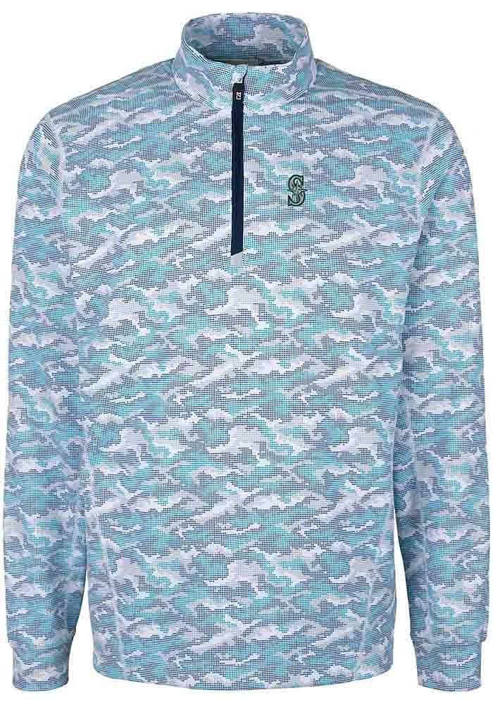 Cutter and Buck Seattle Mariners Mens Blue Traverse Camo Print Stretch Long Sleeve Qtr Zip Pullove..