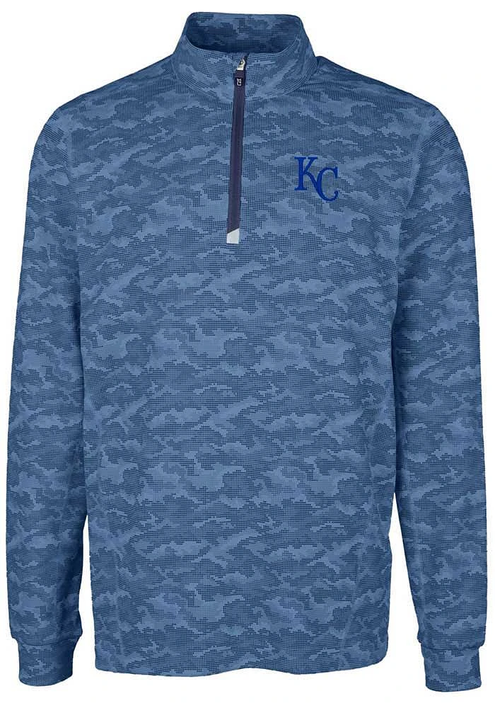 Cutter and Buck Kansas City Royals Mens Navy Blue Traverse Camo Print Stretch Long Sleeve Qtr Zi..