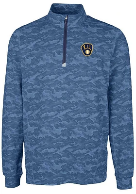 Cutter and Buck Milwaukee Brewers Mens Navy Blue Traverse Camo Print Stretch Long Sleeve Qtr Zip P..