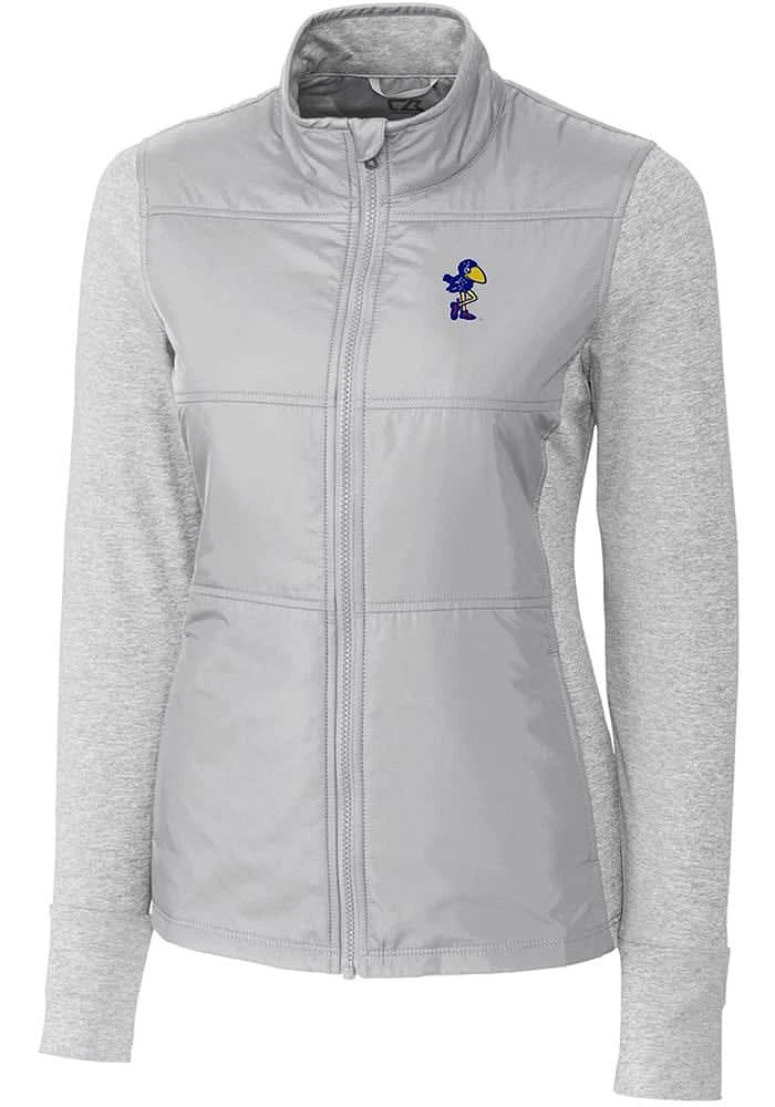 Cutter and Buck Kansas Jayhawks Womens Grey Vault Stealth Hybrid Quilted Medium Weight Jacket