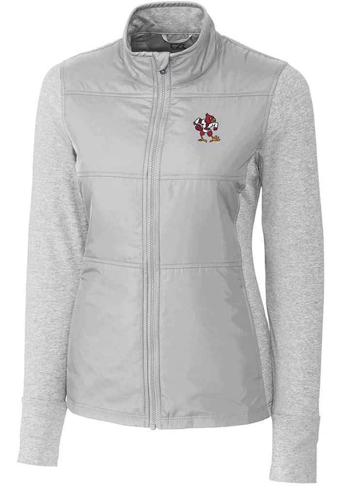 Cutter and Buck Louisville Cardinals Womens Grey Vault Stealth Hybrid Quilted Medium Weight Jack..