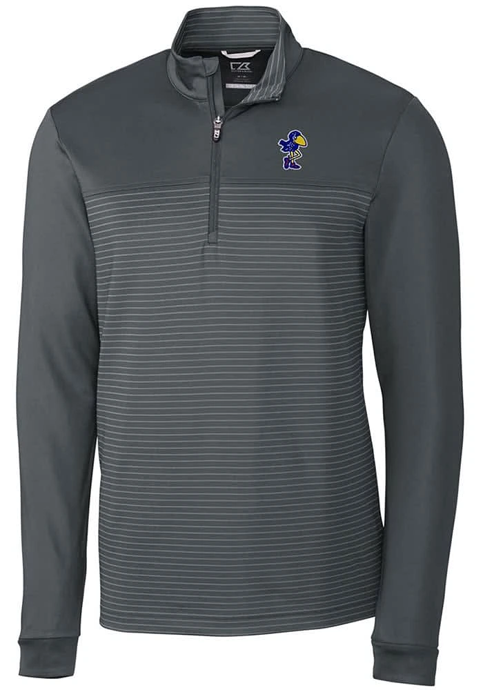 Cutter and Buck Kansas Jayhawks Mens Grey Vault Traverse Stripe Long Sleeve Qtr Zip Pullover