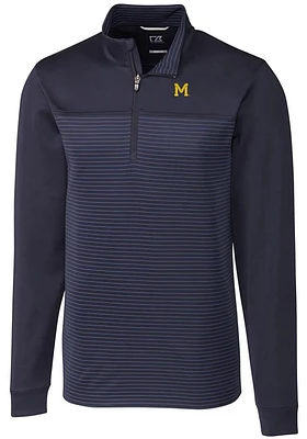 Cutter and Buck Michigan Wolverines Mens Blue Traverse Stripe Stretch Long Sleeve Qtr Zip Pullover