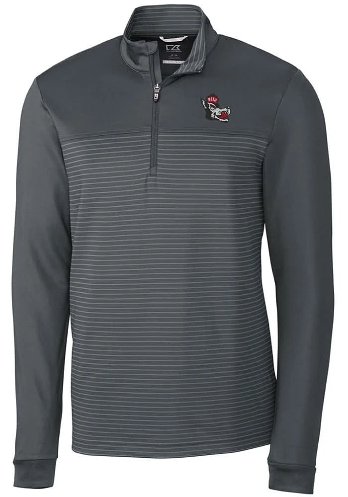 Cutter and Buck NC State Wolfpack Mens Grey Traverse Stripe Stretch Long Sleeve Qtr Zip Pullover