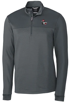 Cutter and Buck NC State Wolfpack Mens Grey Traverse Stripe Stretch Long Sleeve Qtr Zip Pullover
