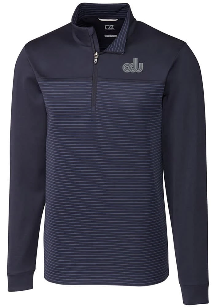 Cutter and Buck Old Dominion Monarchs Mens Navy Blue Traverse Stripe Stretch Long Sleeve Qtr Zip..