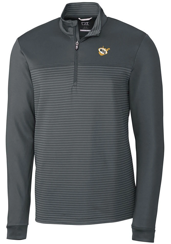 Cutter and Buck West Virginia Mountaineers Mens Grey Vault Traverse Stripe Long Sleeve Qtr Zip P..